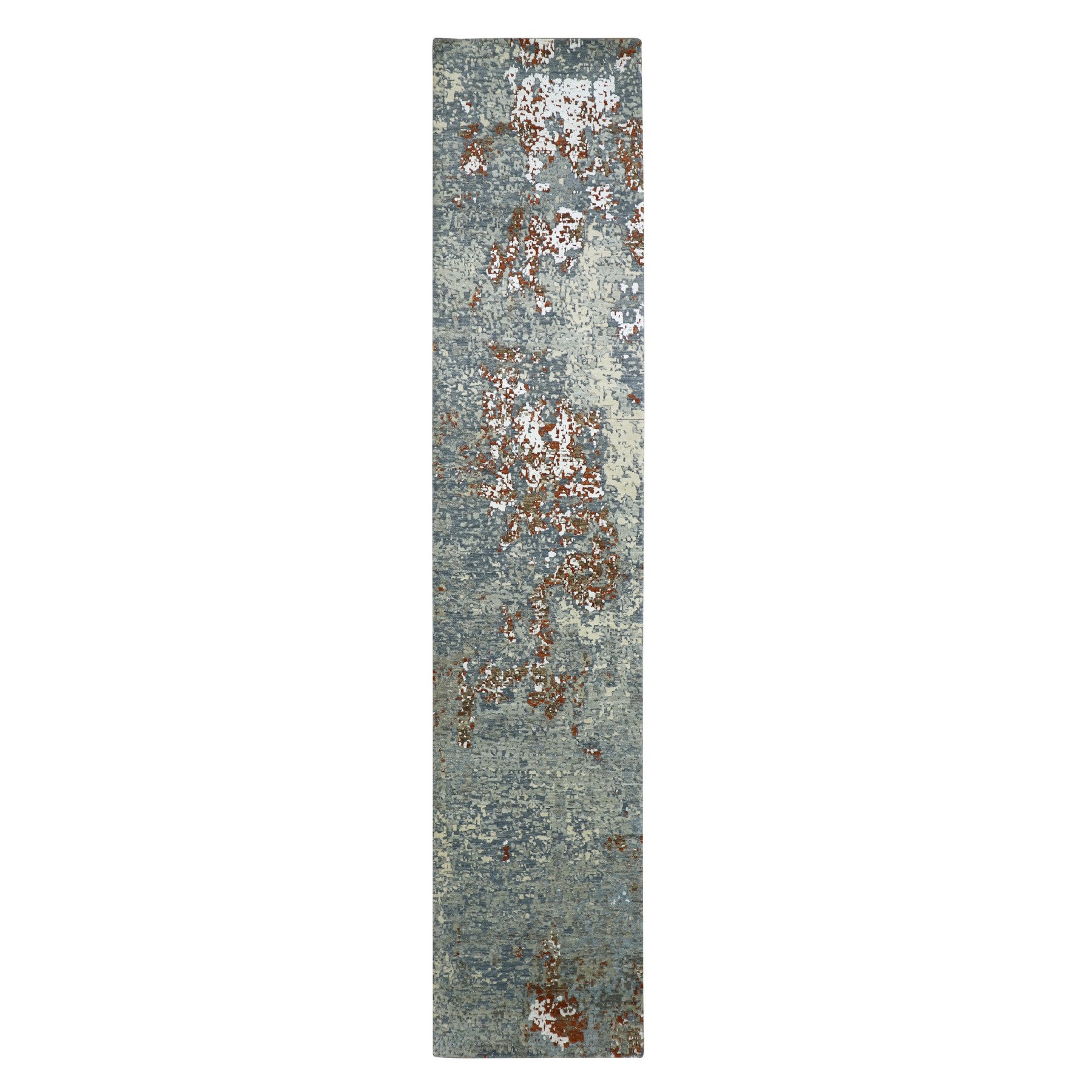 Steel Blue with Gray, Densely Woven, Persian Knot, Abstract with Galaxy Design, 100% Wool, Hand Knotted, Narrow Runner, Oriental Rug
